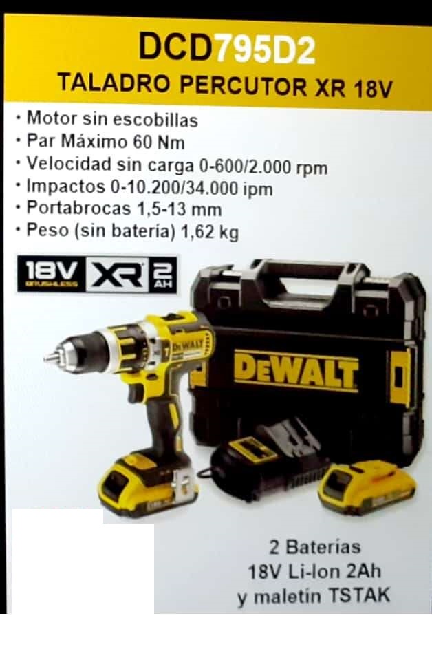 Dewalt Taladro atornillador percutor de batería DCD795D2 (18 V, 2 baterías,  2 Ah)